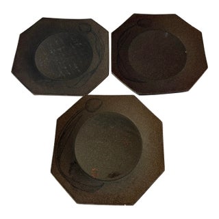 Set of 3 Vintage Handmade Stoneware Octagonal Plate For Sale