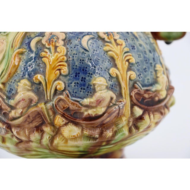 Rustic European Antique Portuguese Palissy Ware Jug Depicting Fishermen in Boats, Earthenware For Sale - Image 3 of 18