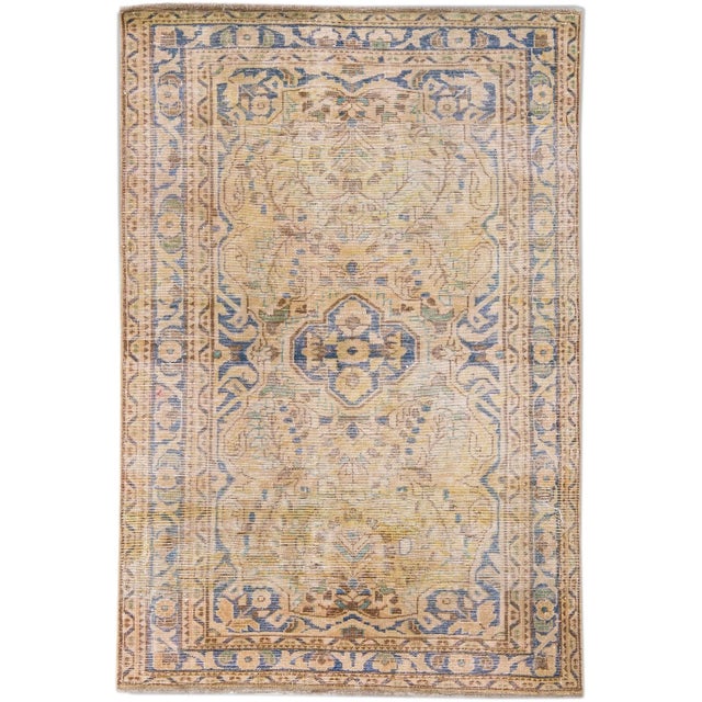 Textile 1960s Vintage Persian Distressed Handmade Medallion Beige Wool Rug For Sale - Image 7 of 7