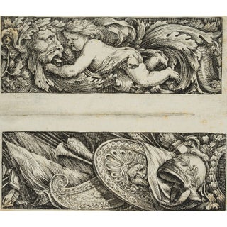 J. Meyer, Design of a Frieze With Putto, Leaf Mask and Weapons as Spoils of War, 17th-Century, Etching For Sale