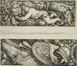 J. Meyer, Design of a Frieze With Putto, Leaf Mask and Weapons as Spoils of War, 17th-Century, Etching