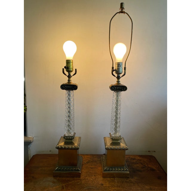 Mid Century Glass Column and Brass Table Lamps - Pair - Hollywood Regency For Sale In Philadelphia - Image 6 of 7