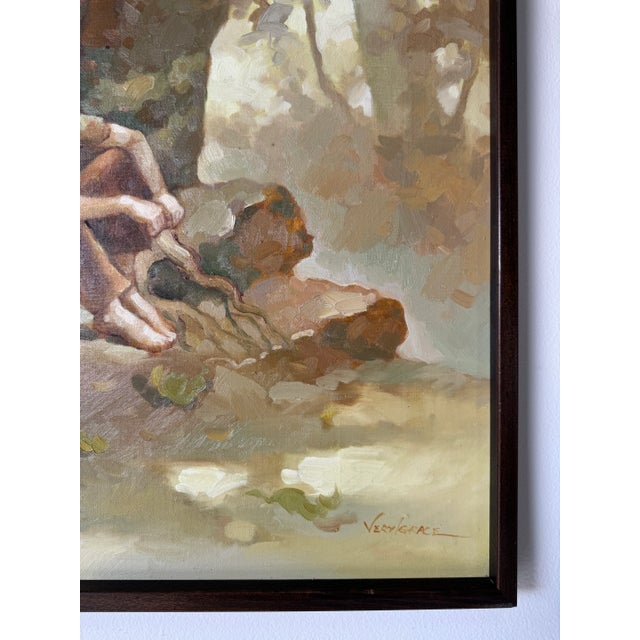 Brown 1980’s Veryl Grace Child Under Tree Impressionist Landscape Oil on Canvas Painting, Wood Framed For Sale - Image 8 of 11