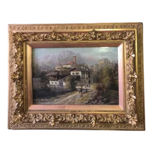 Early 20th Century European Village Scene Oil Painting, Framed