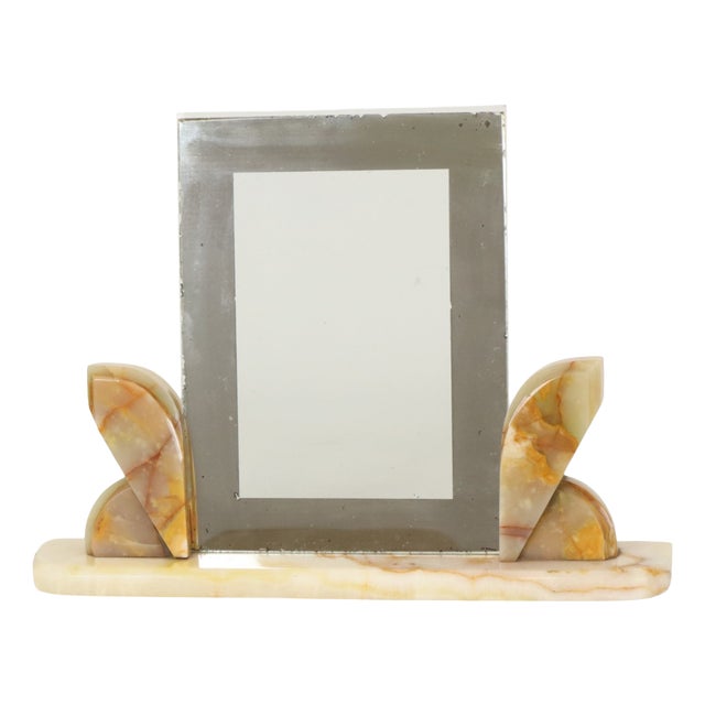 Large Art Deco Onyx Marble Photo Picture Frame with Mirrored Border, 1930s For Sale