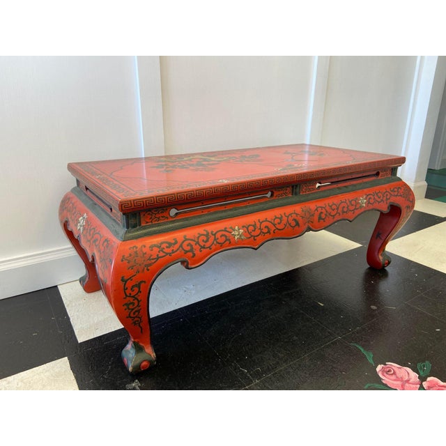 Mid 20th Century Red Lacquer & Hand Painted Oriental Cocktail Table For Sale - Image 5 of 7