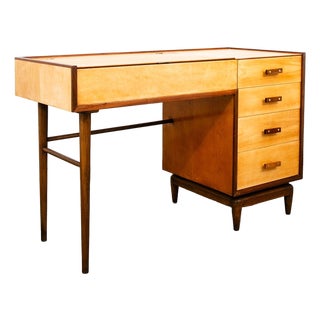 Mid Century Modern Vanity Desk Birch Walnut Drawers Mirror Italian Blonde Wood For Sale