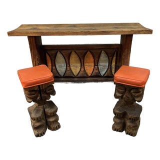 Hand-Carved Mid-Century Witco Tiki Bar and Stool Set, 3 Pieces For Sale