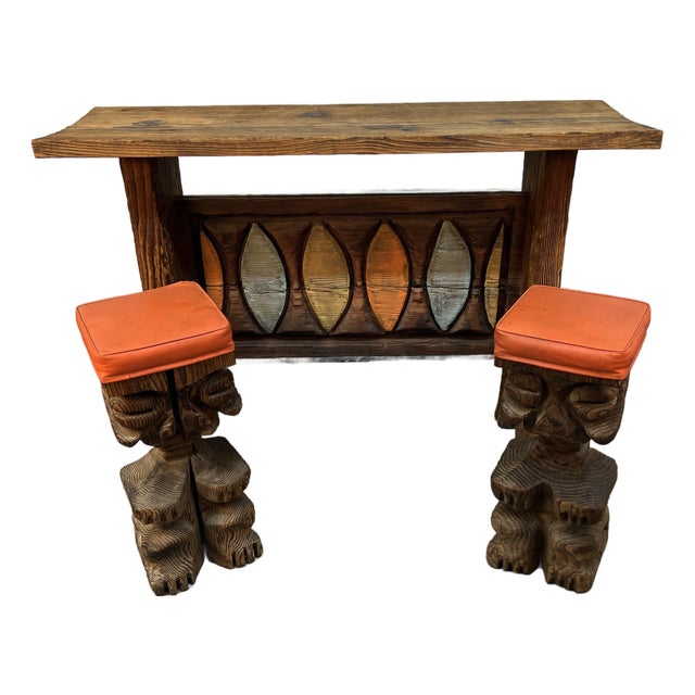 Hand-Carved Mid-Century Witco Tiki Bar and Stool Set, 3 Pieces For Sale