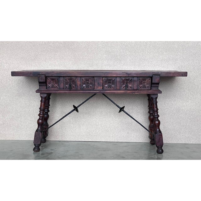 19th Spanish Console Table With Two Carved Drawers and Original Hardware For Sale - Image 11 of 11