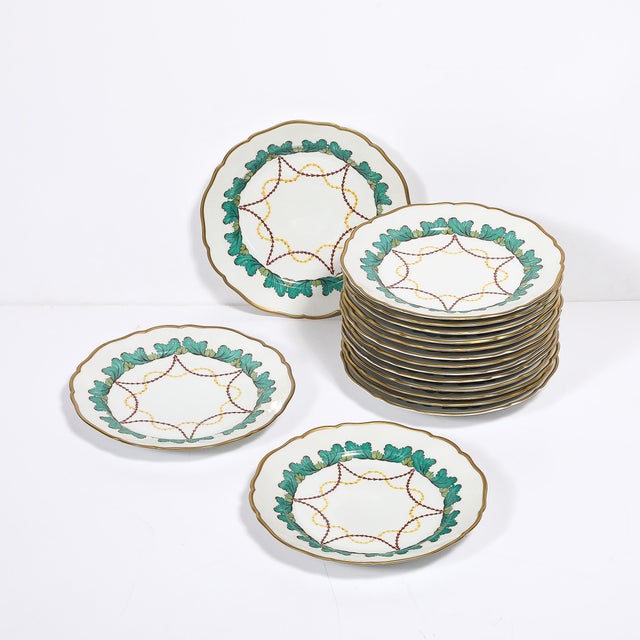 Set of 16 Turquoise & 24k Gilt Border Porcelain Dinner Plates by Hutschenreuther For Sale In New York - Image 6 of 16