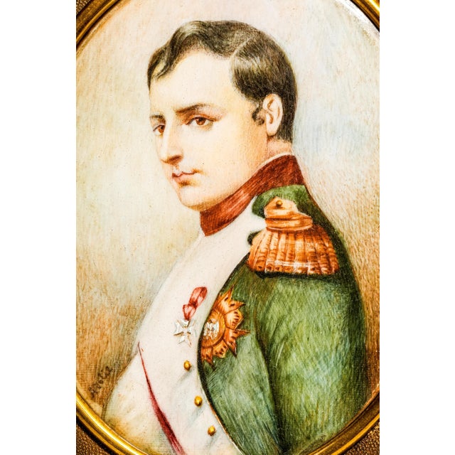 19th Century Ornate French Empire Style Antique Metal Frame Napoleon Portrait Miniature Painting Home Decor For Sale - Image 5 of 17