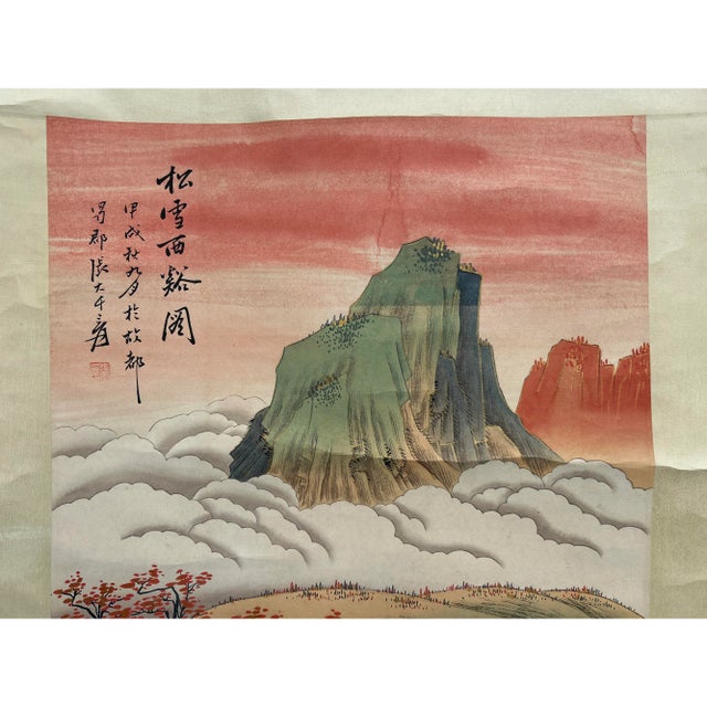 Chinese Vintage Chinese Color Ink Brush Scenery Scroll Painting Wall Art For Sale - Image 3 of 6