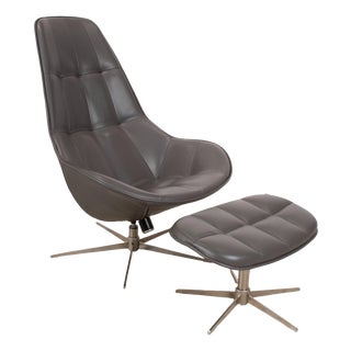 Boston Leather Armchair with Ottoman in Grey Brown Taupe Estoril Semi Aniline Leather 0959 with Manual Swivel and Rocking Function from Boconcept For Sale