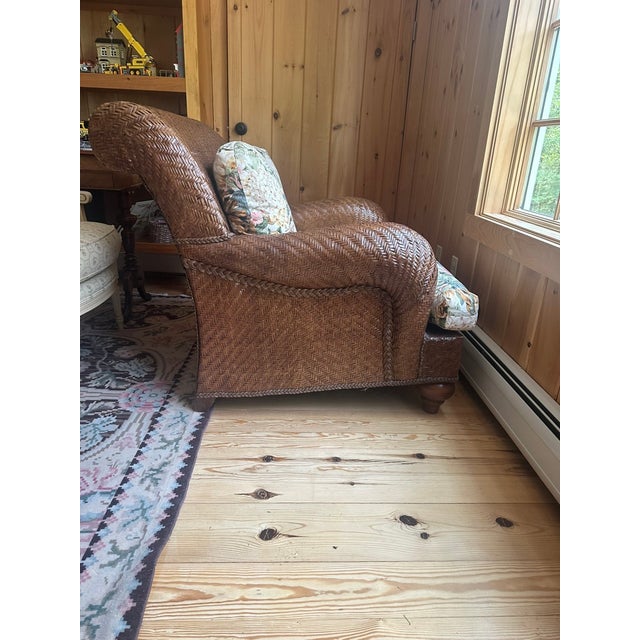 Brown Lexington Woven Sofa With Floral Cushions With Matching Chair and Ottoman For Sale - Image 8 of 17