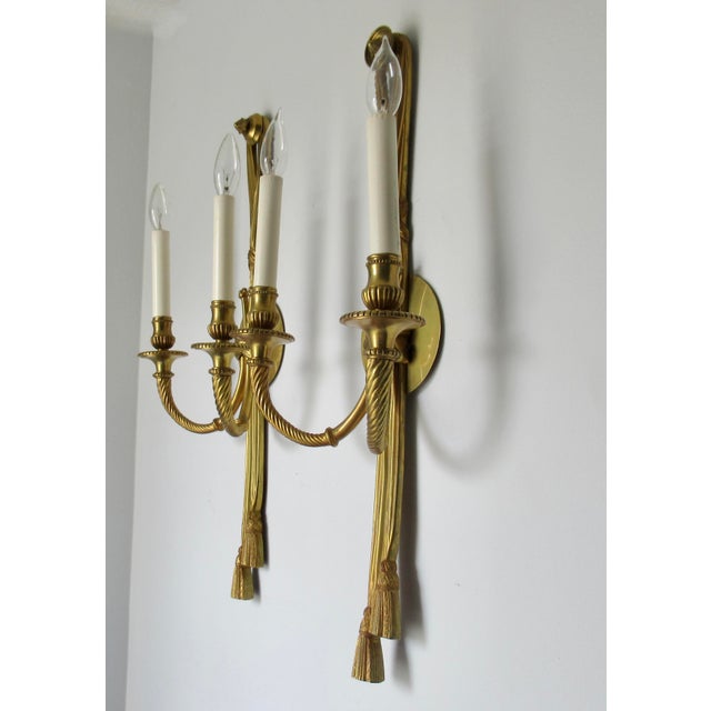 Vintage French 19th. Century Louis XVI Style Bronze Twin-Arm, Rope & Tassel Ormolu Wall Lighted Sconces -Pair For Sale - Image 10 of 17