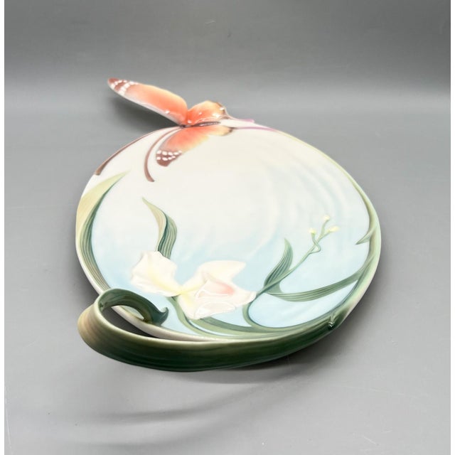 Sky Blue Franz Papillon Porcelain Iris & Butterfly Sculptural Platter Xp1694 – Art Nouveau Botanical Serveware - Spring/ Easter For Sale - Image 8 of 12