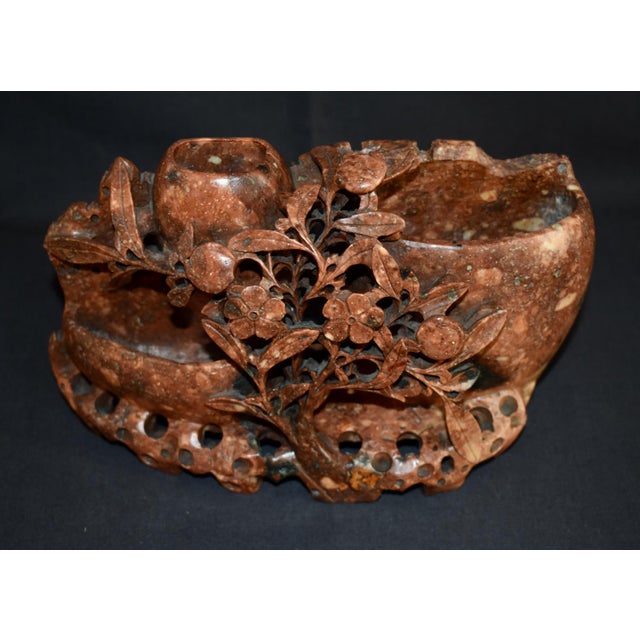 Vintage Chinese Hand Carved Soapstone Double Vase Sculpture Floral Motif Antique For Sale In Philadelphia - Image 6 of 14