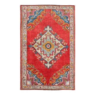 Antique Turkish Oushak Small Rug in Bright Red, Blue, Lavender, Orange & Green For Sale