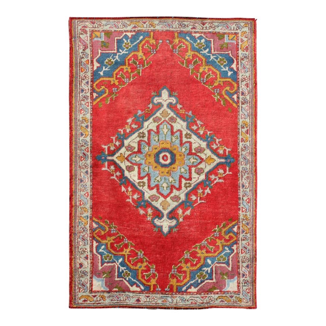 Antique Turkish Oushak Small Rug in Bright Red, Blue, Lavender, Orange & Green For Sale