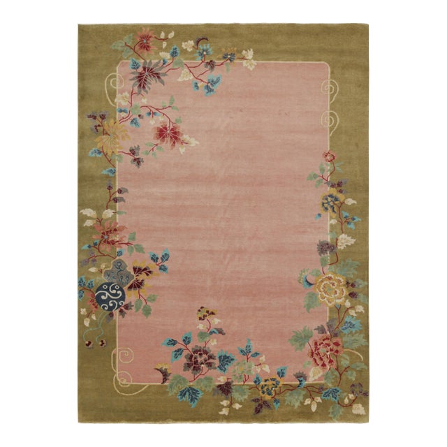 2010s Rug & Kilim’s Chinese Style Art Deco Rug in Pink & Green With Colorful Florals For Sale