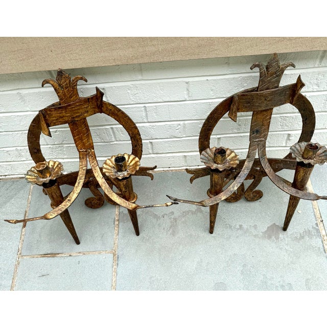 Monumental Pair of Antique New Orleans Hand-Forged Gilt Iron Spanish Revival Candle Sconces For Sale - Image 4 of 10