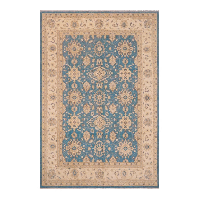 1990s Bohemien Ziegler Blue Beige Hand-Knotted Wool Rug - 9'2'' X 11'10'' For Sale