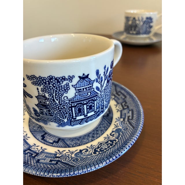 Vintage Churchill England Blue & White Transferware Cups and Saucers – Set of 4 For Sale - Image 12 of 12