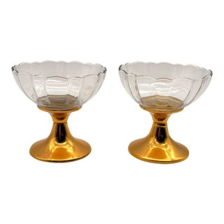 Vintage Pair of Gold Plated Compote Crystal Serving Dishes For Sale