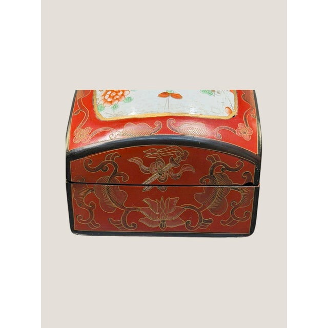 Antique Chinese Red Lacquer Box Porcelain Plaque Metal Inlay C1920 For Sale - Image 4 of 18