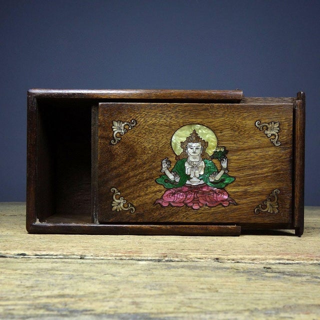 1980s Rosewood Mother-of-Pearl Inlaid Four-Armed Guanyin Puzzle / Secret Compartment Box For Sale In Los Angeles - Image 6 of 10