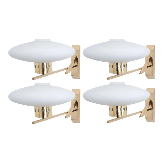 Set of Four Mid-Century Opaline Disk Glass Sconces on Brass Frame, Italy, 1960's For Sale
