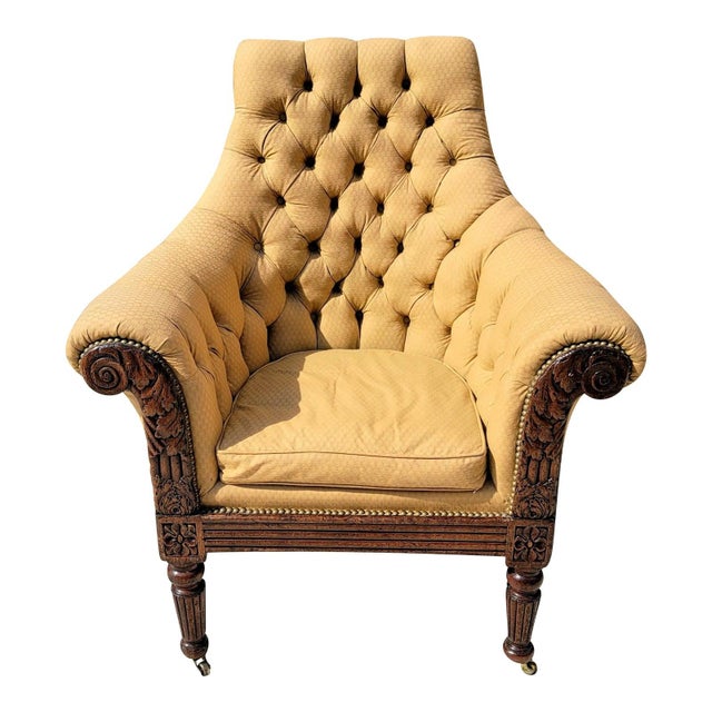 Featured is a glorious Antique 19th Century Carved Mahogany Regency Library Chair in the manner of Gillows of Lancaster...