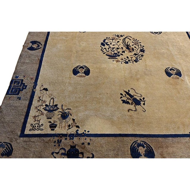Beige 1920s Beige Field Art Deco Style Antique Chinese Peking Rug 9' X 9'6" Square For Sale - Image 8 of 8