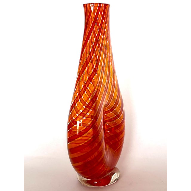 Mid-Century Modern Handblown Art Glass With Reticello Pattern in Tangerine and Red in Murano Style For Sale - Image 3 of 14