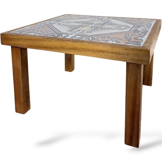Rustic Mid-Century French Tiger Oak Side Table with Tiles, 1970s For Sale - Image 3 of 9