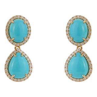 8.94ct Sleeping Beauty Turquoise Drop Earrings With Diamonds in 14k Gold- 2 Pieces For Sale