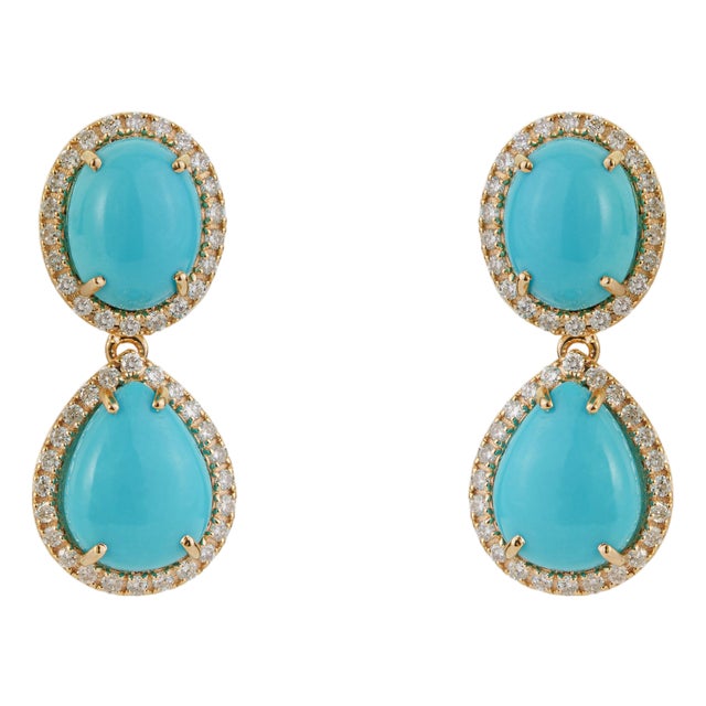 8.94ct Sleeping Beauty Turquoise Drop Earrings With Diamonds in 14k Gold- 2 Pieces For Sale