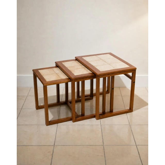 1970s Vintage Scandinavian Tiled Teak Nesting Tables (Set of 3) For Sale - Image 4 of 6