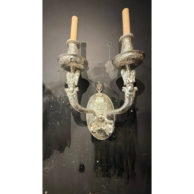 Neoclassical 1900 Caldwell Silver Plated Sconces With Mermaid Arms 2 Lights For Sale - Image 3 of 10