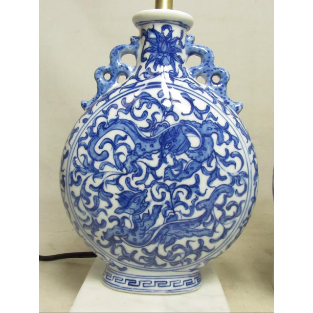Blue Pair of Chinese Blue and White Porcelain Moon Flask Shaped Lamps For Sale - Image 8 of 15
