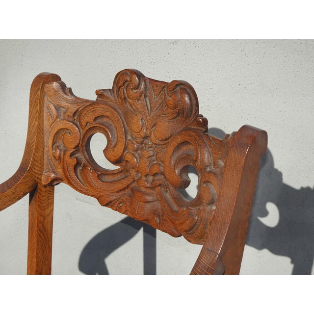 Vintage French Country Brown Oak Carved Arm Chair by Eldredge Co. For Sale - Image 9 of 16