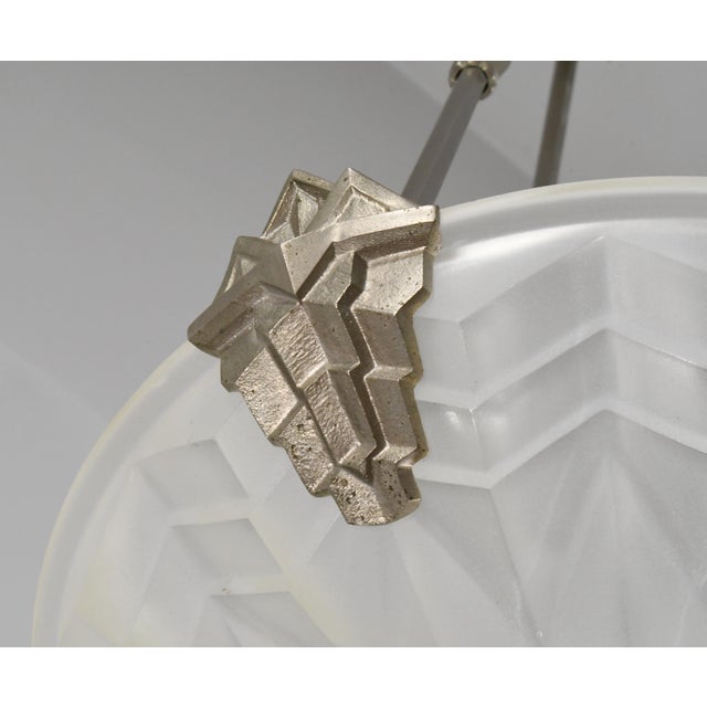 Maynadier & Degue French Art Deco 3-Armed Chandelier - 1930s Nickeled Bronze & Frosted Glass For Sale - Image 10 of 18