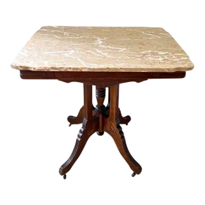 Early 1900s Eastlake Marble Top, Walnut Center Table by Bassett Table Company