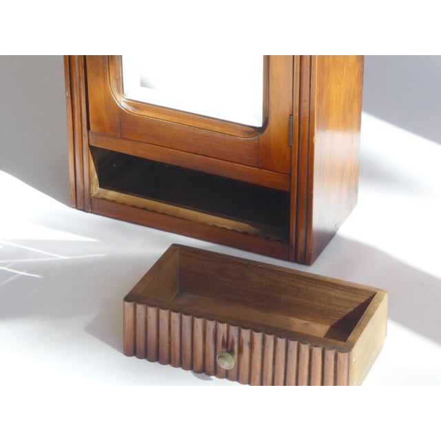 Antique Art Deco Lacquered Oak Mirror Apothecary Cabinet with Carved Door, 1920s For Sale - Image 9 of 9