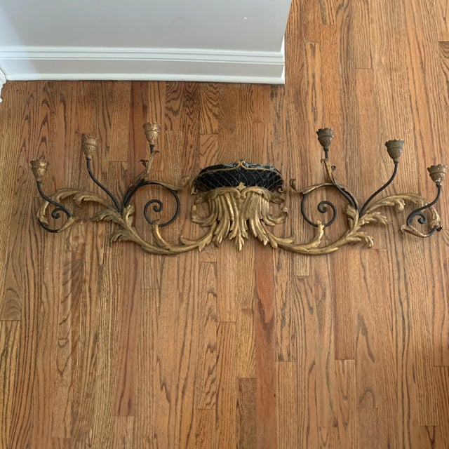 antique french black and gold tole wall mounted wall pocket candelabra . Center has removable tole wall pocket to holder...
