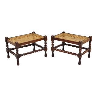 19th Century Antique Jacobean Turn Carved Walnut Handmade Cane Seat Footstool Ottoman - Pair For Sale