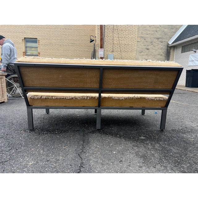 Rustic Vintage Upholstered Bench With Fringed Linen For Sale - Image 3 of 8