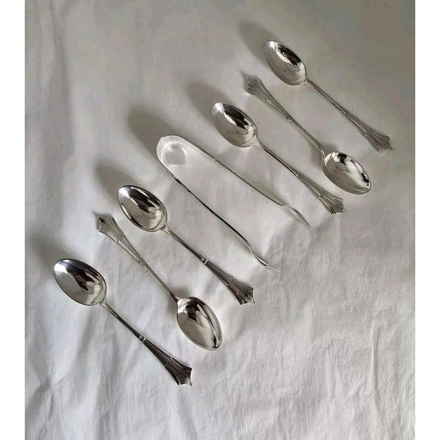 Metal Antique Sterling Silver Teaspoon & Tongs Set, 1908, Set of 7 For Sale - Image 7 of 18