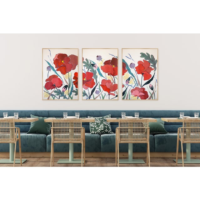 2025, Illustration Style, Original Painting, Large Triptych Landscape, French Prairie, Poppies and Wildflowers, Acrylic Paint on Watercolor Paper For Sale - Image 10 of 11